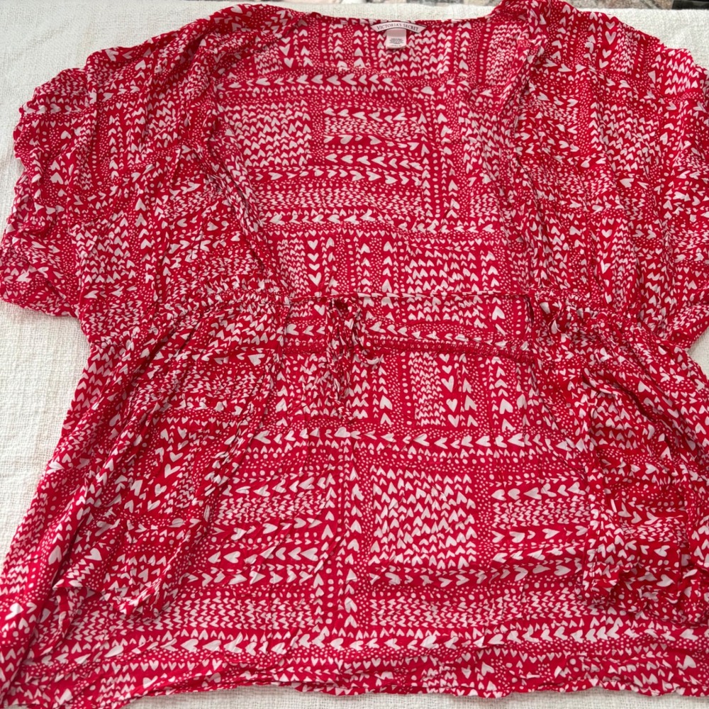 Victorias Secret Red White Heart Print Kimono Cover Up Drawstring Waist OS